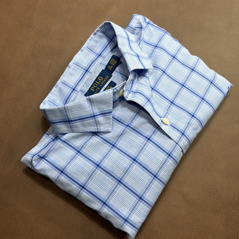 POLO Ralph Lauren Dress Shirt Mens 17.5 32/33 Blue Checked Slim Fit Modern New!!